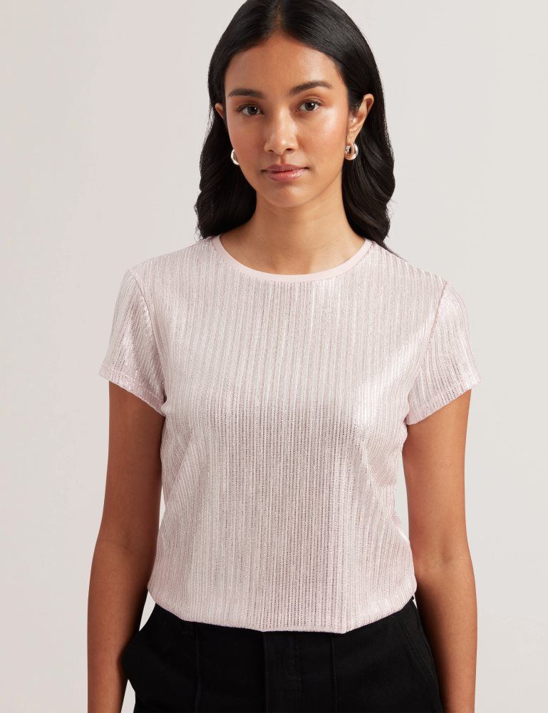 Ted Baker Katrino - Ribbed Metallic Fitted T-shirt Ženske Majice Roze | 251683-ABQ