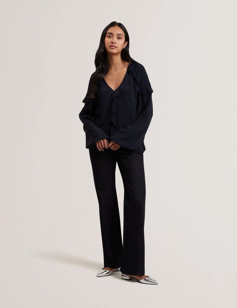 Ted Baker Kayfa - Waterfall Ruffle Trim Long Sleeve Blouse Ženske Majice Tamnoplave | 943257-HPT