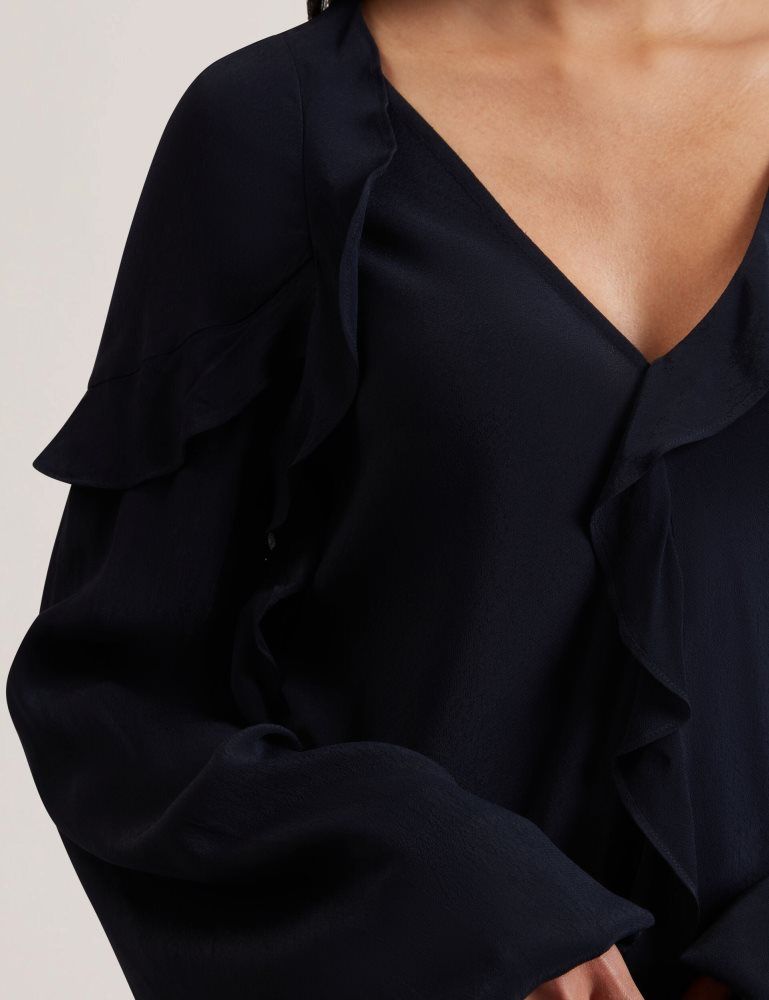 Ted Baker Kayfa - Waterfall Ruffle Trim Long Sleeve Blouse Ženske Majice Tamnoplave | 943257-HPT