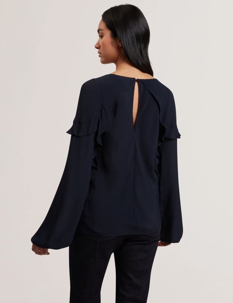 Ted Baker Kayfa - Waterfall Ruffle Trim Long Sleeve Blouse Ženske Majice Tamnoplave | 943257-HPT