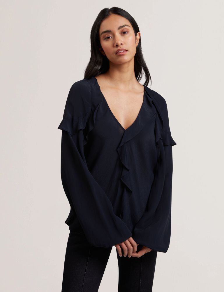 Ted Baker Kayfa - Waterfall Ruffle Trim Long Sleeve Blouse Ženske Majice Tamnoplave | 943257-HPT