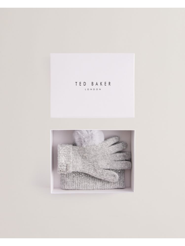 Ted Baker Keriis - Rhinestone Knitted Hat And Gloves Set Ženske Hats, Gloves & Scarves Sive | 061345-RLN