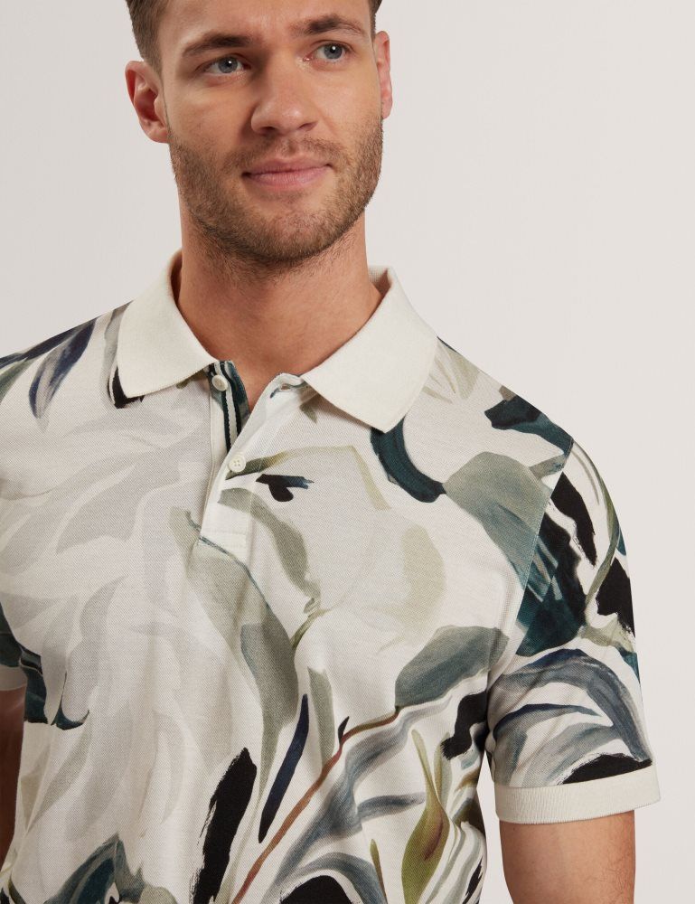 Ted Baker Kivem - Short Sleeve Cotton Floral Print Polo Muške Topi Ecru | 017526-HDJ