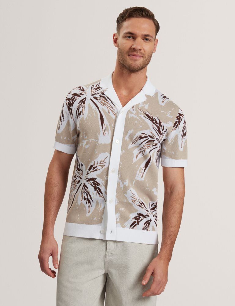 Ted Baker Kyes - Leaf Print Knitted Short Sleeve Shirt Muške Košulje Sive Smeđe | 693475-ERU