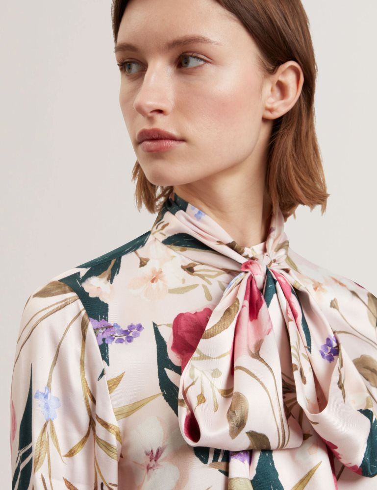 Ted Baker Leeyaa - Floral Print Tie Neck Longline Blouse Ženske Majice Roze | 986321-OFY