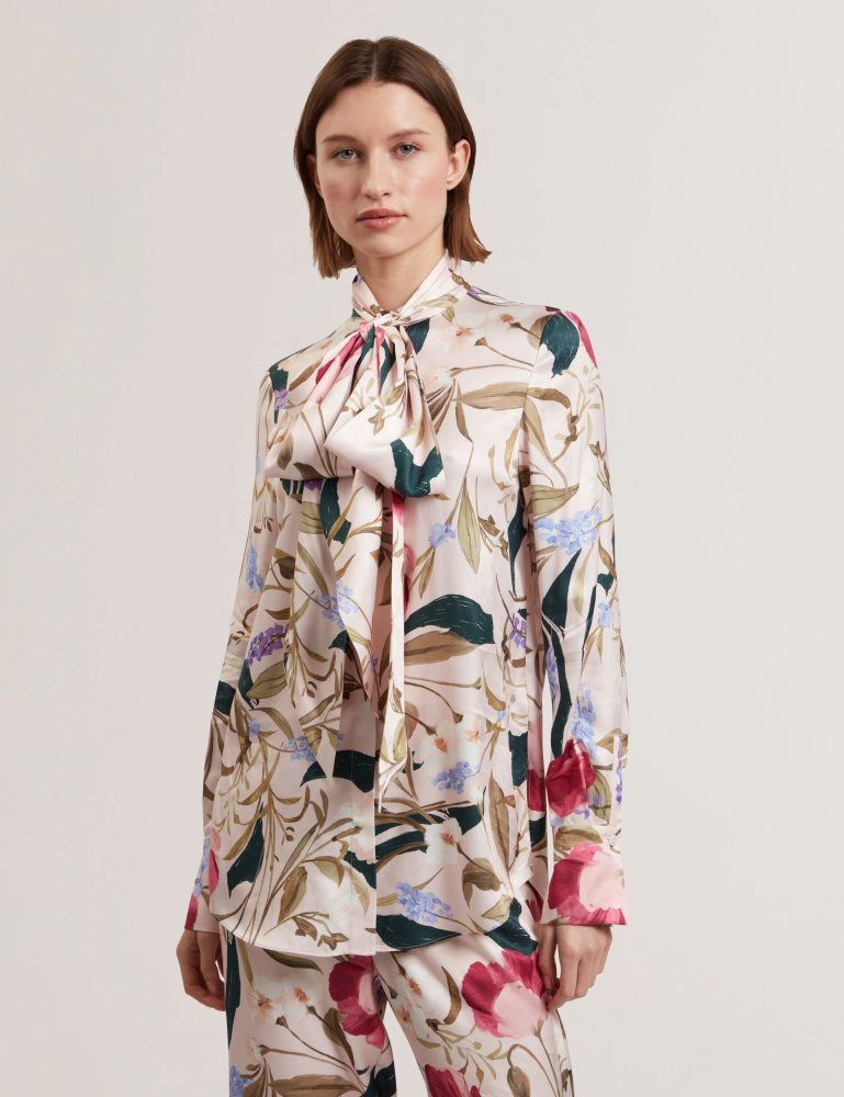 Ted Baker Leeyaa - Floral Print Tie Neck Longline Blouse Ženske Majice Roze | 986321-OFY