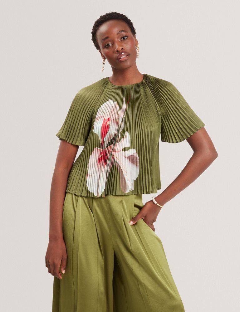 Ted Baker Lionaa - Floral Graphic Pleated Satin Blouse Ženske Majice Zelene | 306952-RFU