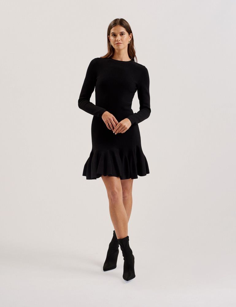 Ted Baker Loisss - Flounce Hem Long Sleeve Knitted Mini Dress Ženske Haljina Crne | 487195-SOI