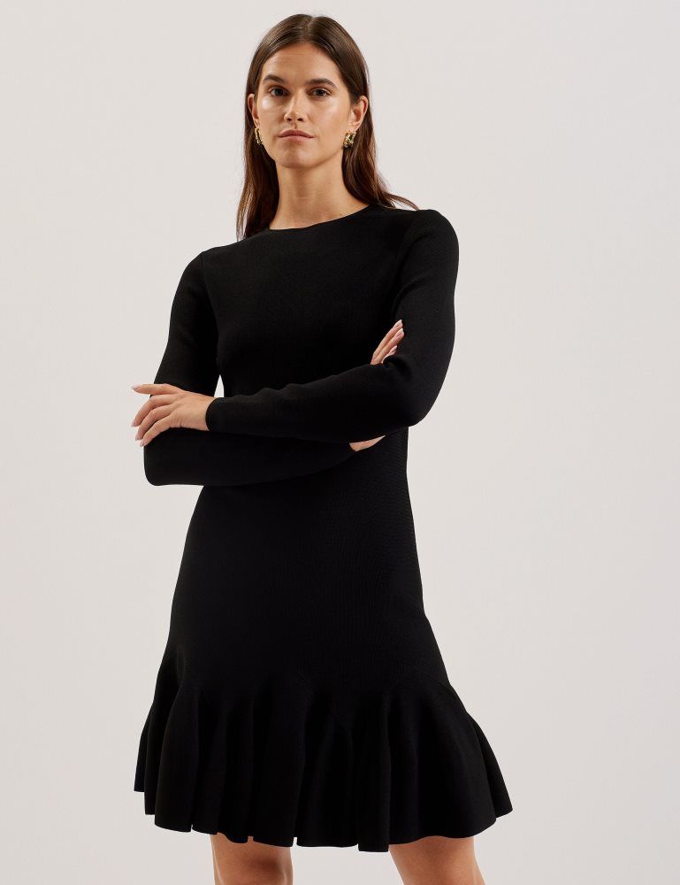 Ted Baker Loisss - Flounce Hem Long Sleeve Knitted Mini Dress Ženske Haljina Crne | 487195-SOI
