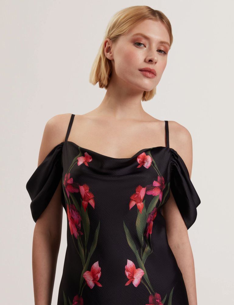 Ted Baker Lucern - Floral Satin Off Shoulder Bias Midi Dress Ženske Haljina Crne | 217843-SEY