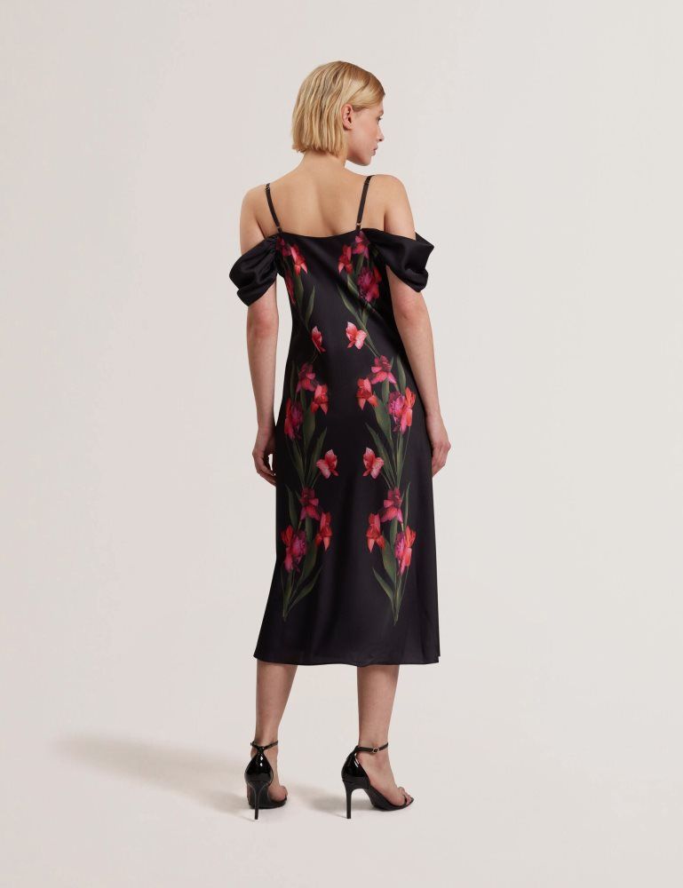 Ted Baker Lucern - Floral Satin Off Shoulder Bias Midi Dress Ženske Haljina Crne | 217843-SEY