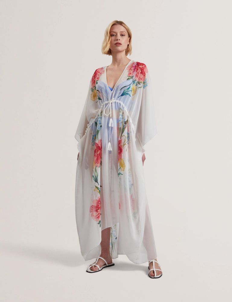 Ted Baker Luusaa - Floral V-neck Maxi Kaftan Beach Dress Ženske Kupaći Kostimi Bijele | 103596-DUH