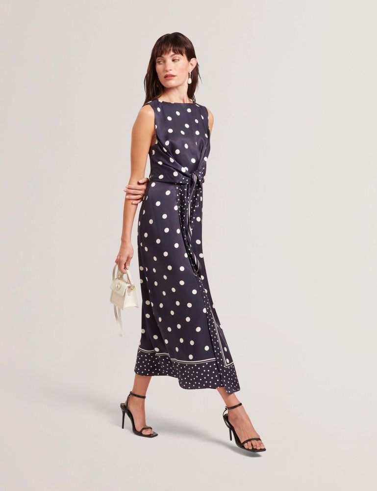 Ted Baker Malmoa - Polka Dot Tie Detail Column Midi Dress Ženske Haljina Tamnoplave | 375904-GWM