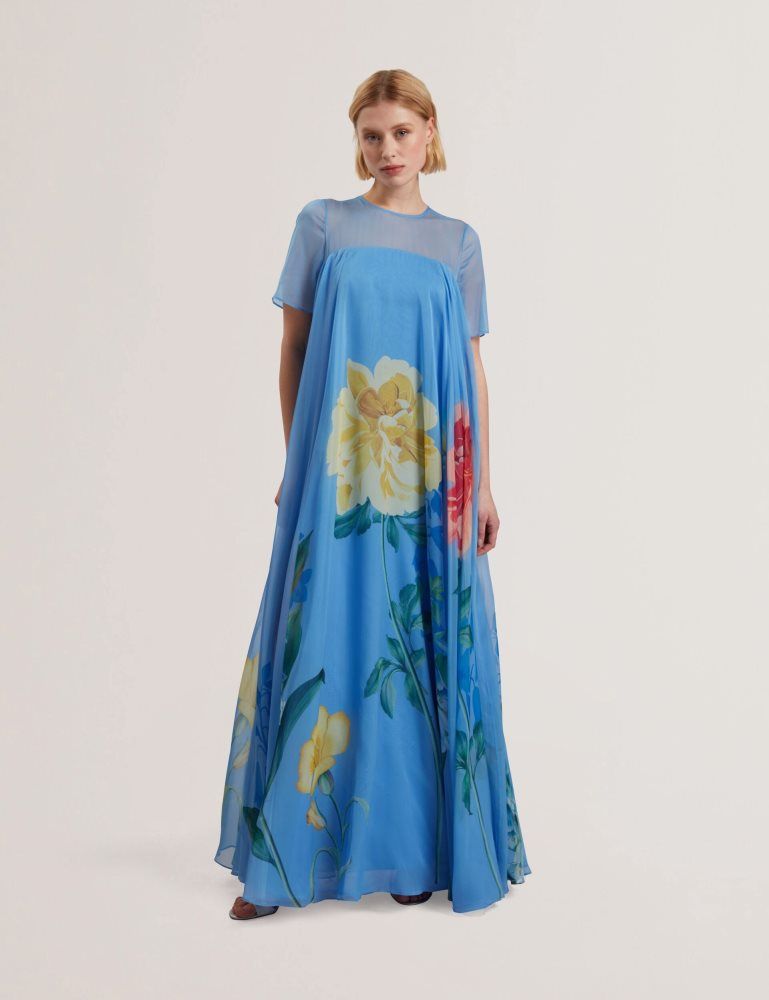 Ted Baker Malrie - Sheer Neck Floral Trapeze Maxi Dress Ženske Haljina Plave | 498126-YUW