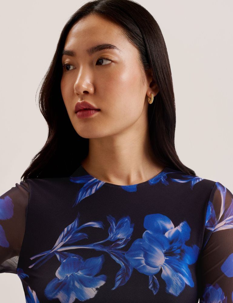 Ted Baker Marliyy - Floral Print Bodycon Mesh Midi Dress Ženske Haljina Plave | 528619-TZV