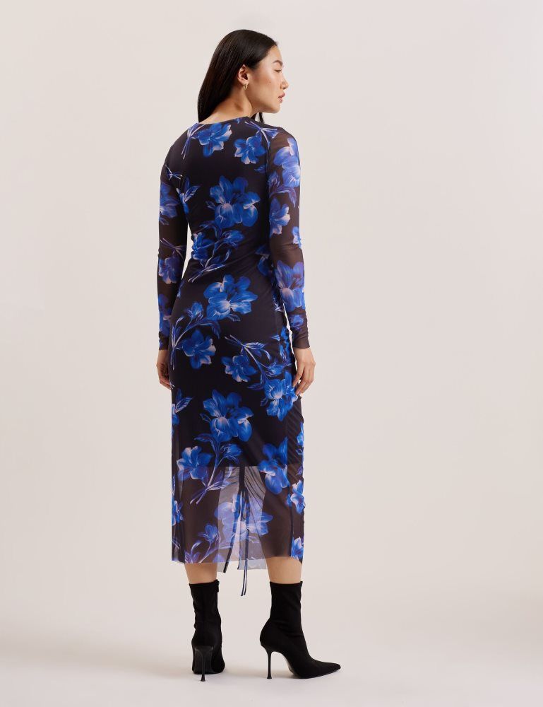 Ted Baker Marliyy - Floral Print Bodycon Mesh Midi Dress Ženske Haljina Plave | 528619-TZV