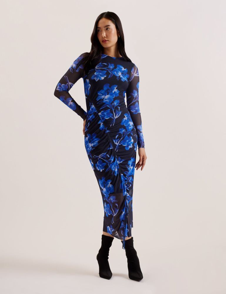 Ted Baker Marliyy - Floral Print Bodycon Mesh Midi Dress Ženske Haljina Plave | 528619-TZV