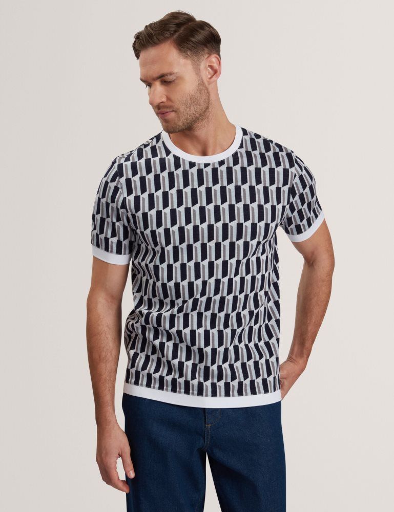 Ted Baker Marvins - Short Sleeve Jacquard Stripe Geo T-shirt Muške Topi Plave | 120659-TAY
