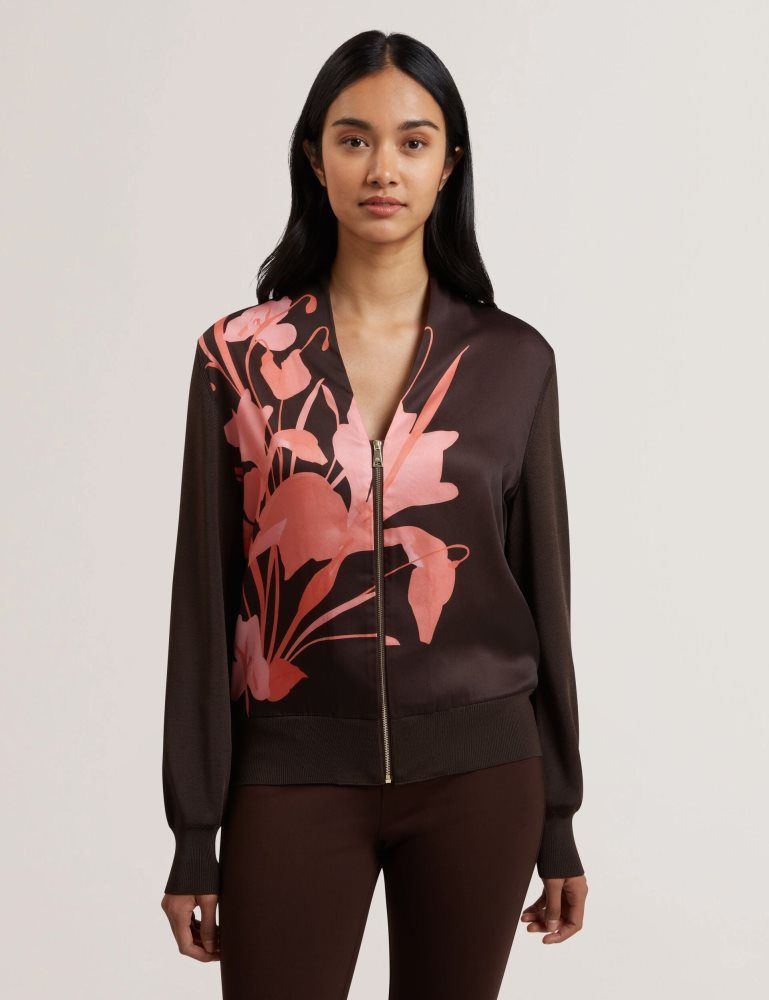 Ted Baker Matiina - Printed Front Zip-up Bomber Cardigan Ženske Majice Smeđe | 592014-DME