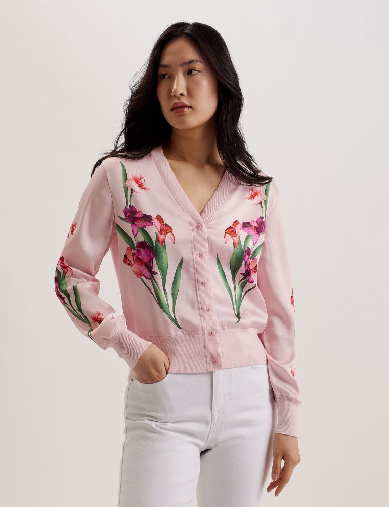 Ted Baker Meralll - Floral Woven Front V-neck Cardigan Ženske Džemperi Roze | 136985-WNM