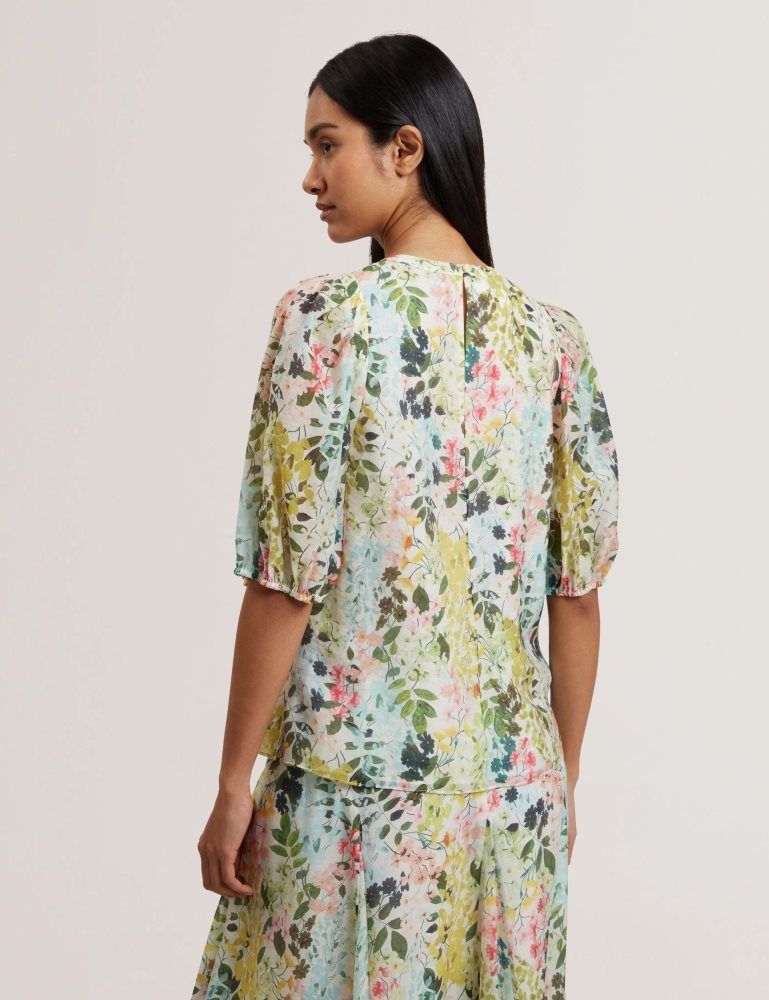 Ted Baker Micha - Floral Binding Detail Puffed Sleeve Blouse Ženske Majice Bijele | 196430-LCY
