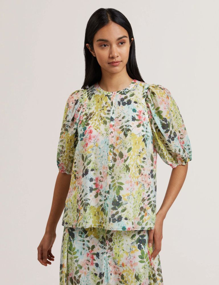 Ted Baker Micha - Floral Binding Detail Puffed Sleeve Blouse Ženske Majice Bijele | 196430-LCY