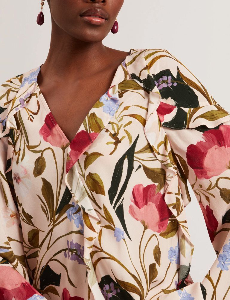 Ted Baker Minasa - Floral Print Frill Trim Long Sleeve Blouse Ženske Majice Roze | 596032-NZS