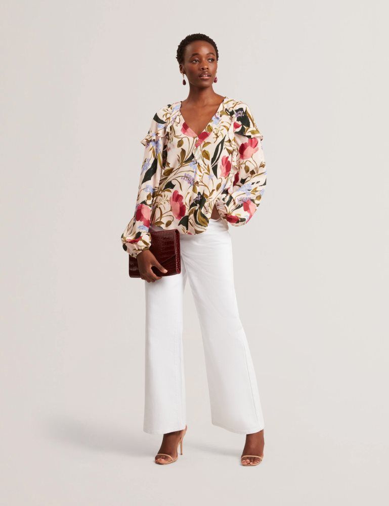 Ted Baker Minasa - Floral Print Frill Trim Long Sleeve Blouse Ženske Majice Roze | 596032-NZS