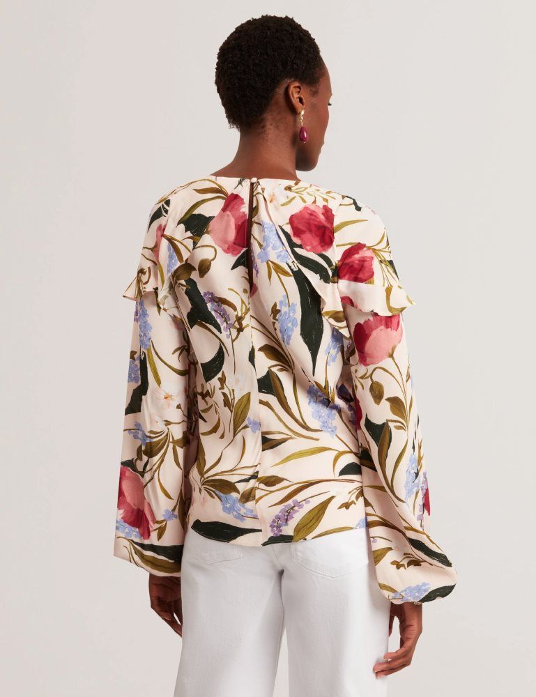 Ted Baker Minasa - Floral Print Frill Trim Long Sleeve Blouse Ženske Majice Roze | 596032-NZS