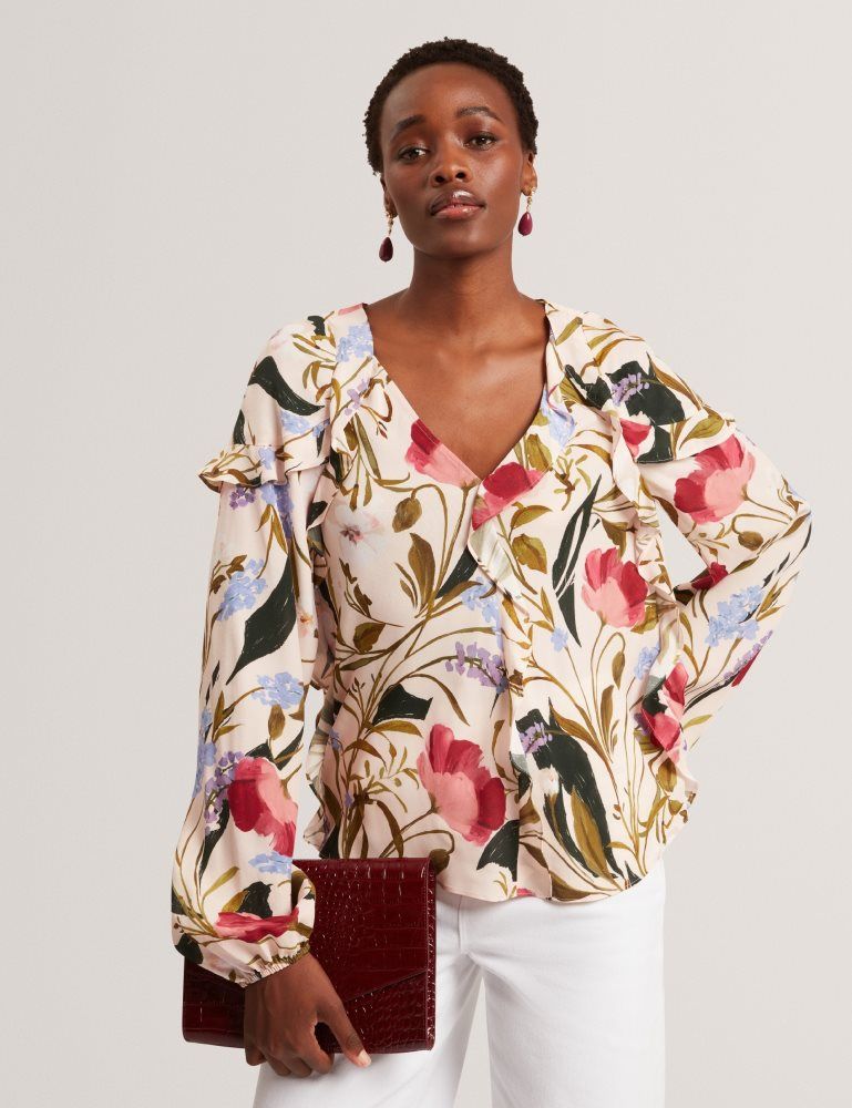Ted Baker Minasa - Floral Print Frill Trim Long Sleeve Blouse Ženske Majice Roze | 596032-NZS