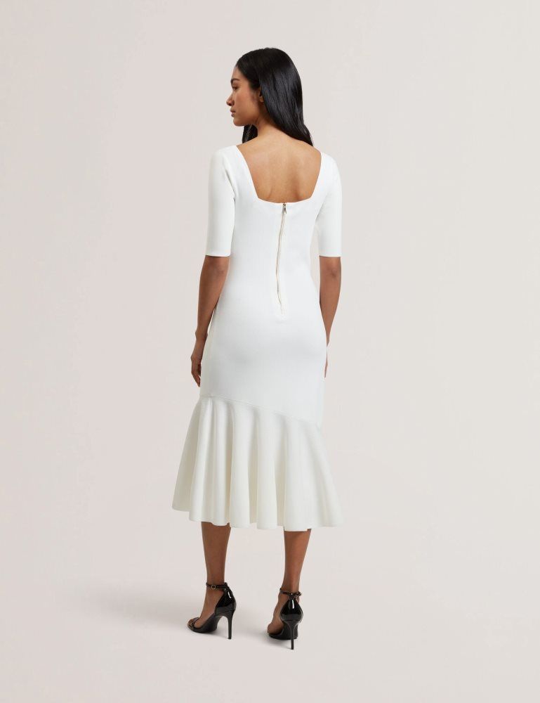 Ted Baker Miyhaa - Flippy Hem Square Neck Knitted Midi Dress Ženske Haljina Bijele | 518649-TXW