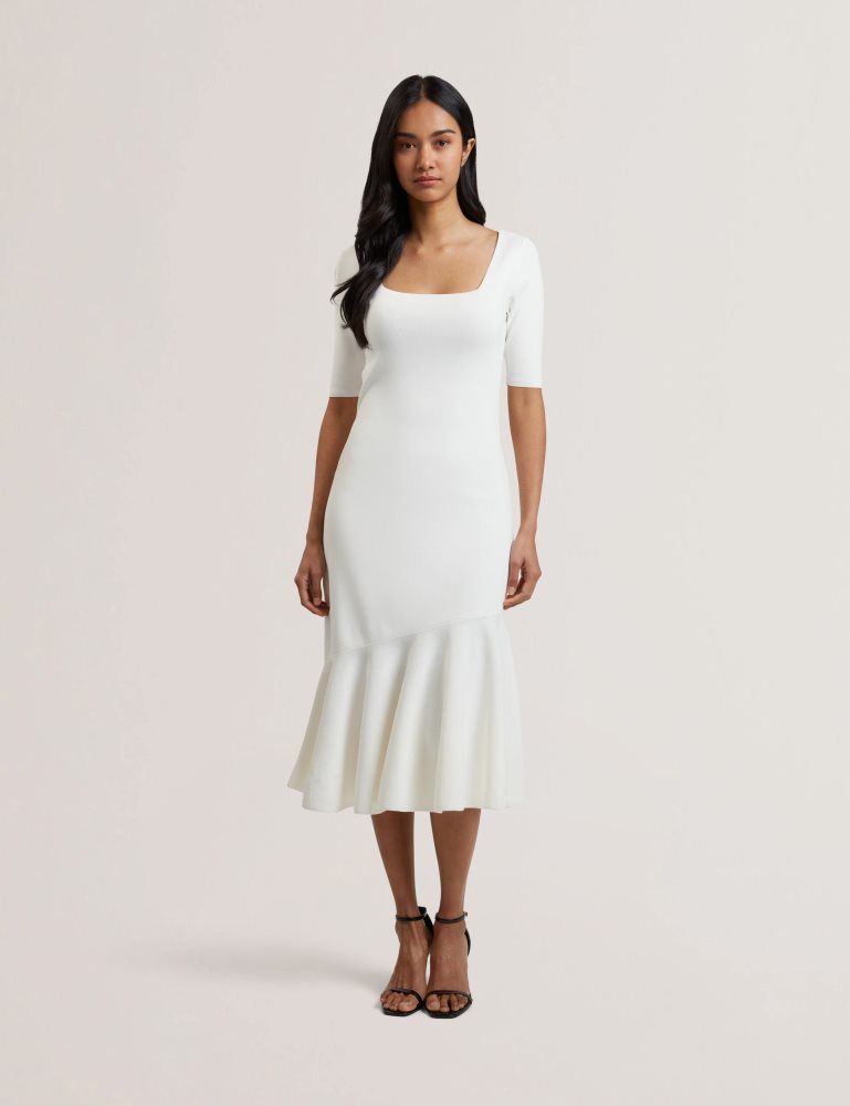 Ted Baker Miyhaa - Flippy Hem Square Neck Knitted Midi Dress Ženske Haljina Bijele | 518649-TXW