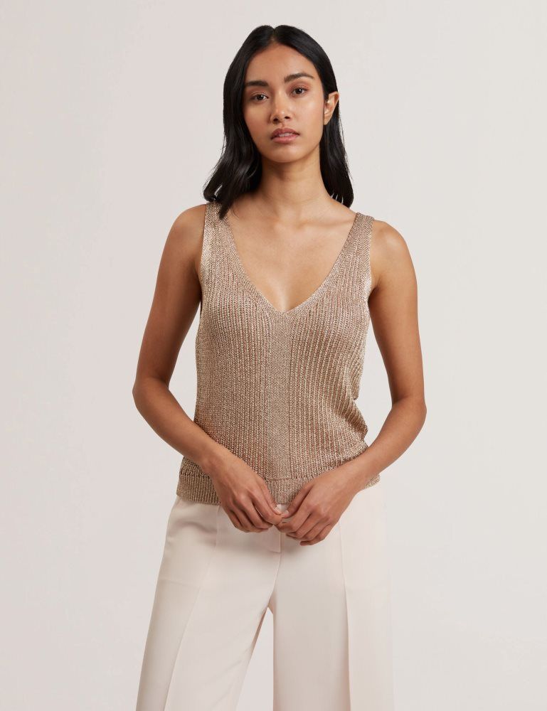 Ted Baker Myylie - Metallic Knit V-neck Tank Top Ženske Majice Zlatne | 543872-ZPC