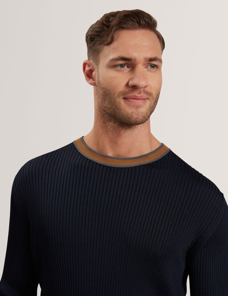 Ted Baker Nayor - Long Sleeve Rayon Ribbed Crew Neck Muške Džemperi Tamnoplave | 709312-WHG