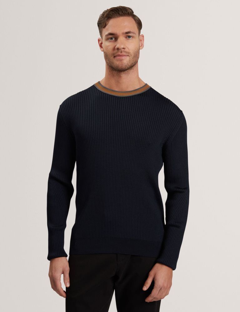 Ted Baker Nayor - Long Sleeve Rayon Ribbed Crew Neck Muške Džemperi Tamnoplave | 709312-WHG