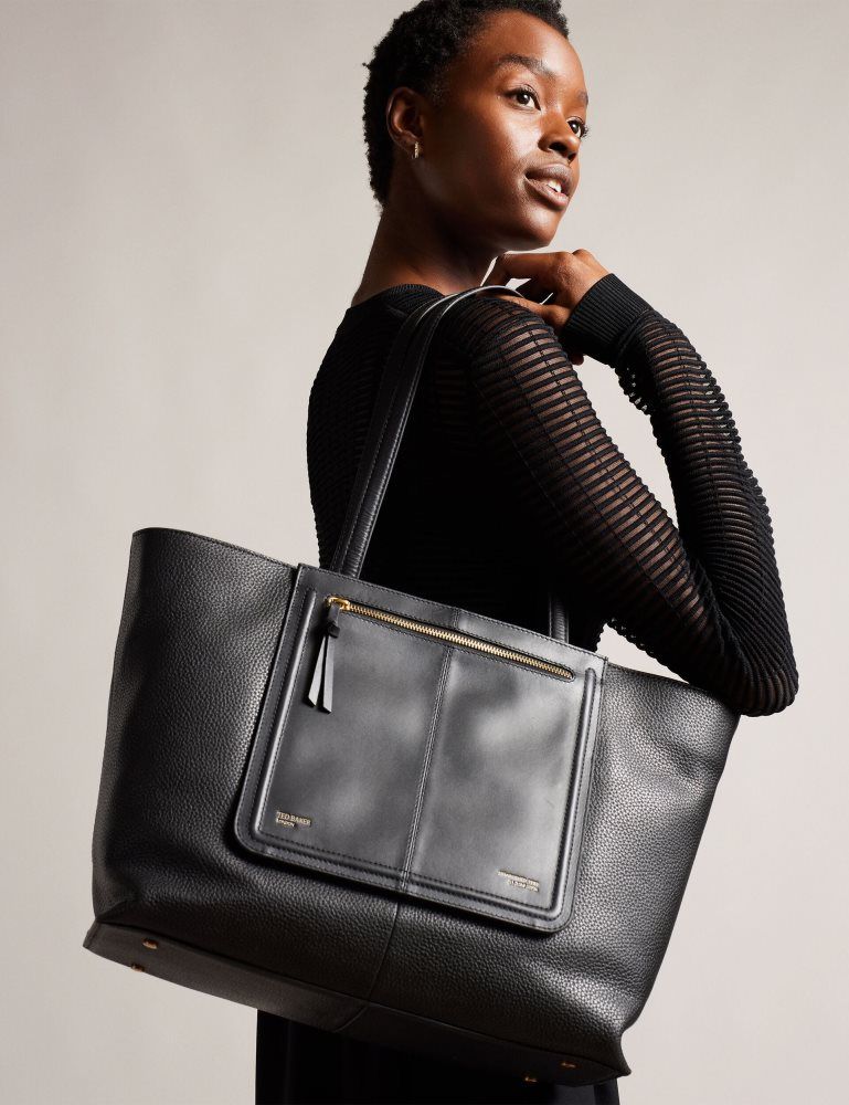 Ted Baker Nish - Wide Leather Shopper Bag With Zip Pocket Ženske Torba Tote Crne | 159803-VJW