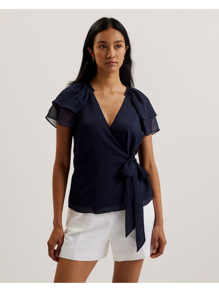 Ted Baker Nobora - Chiffon Frill Short Sleeve Wrap Top Ženske Majice Plave | 583217-KPS