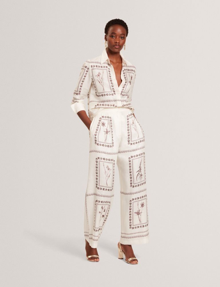 Ted Baker Ornitha - Panel Print Silk Linen Wide Leg Trousers Ženske Odijela Bijele | 683951-TSU