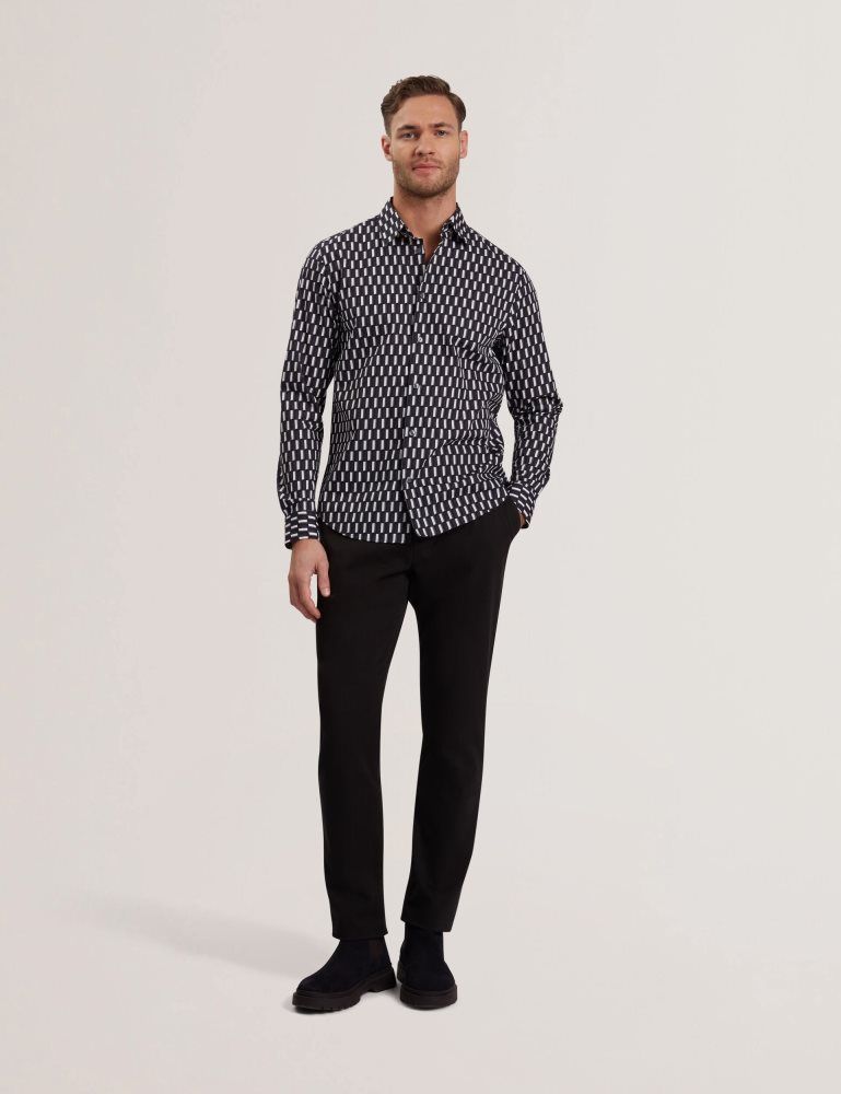 Ted Baker Pearso - Geometric Stripe Long Sleeve Cotton Shirt Muške Košulje Crne | 250976-YGQ