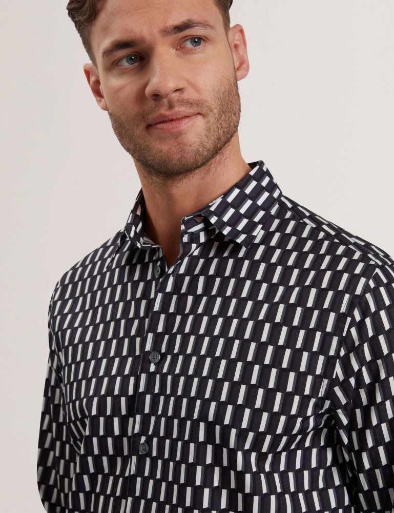 Ted Baker Pearso - Geometric Stripe Long Sleeve Cotton Shirt Muške Košulje Crne | 250976-YGQ