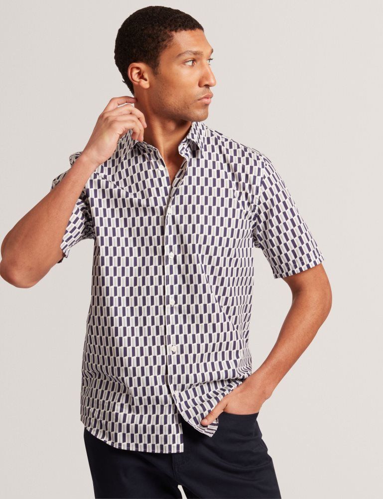 Ted Baker Pearsos - Geo Print Short Sleeve Cotton Shirt Muške Košulje Tamnoplave | 673298-VGW