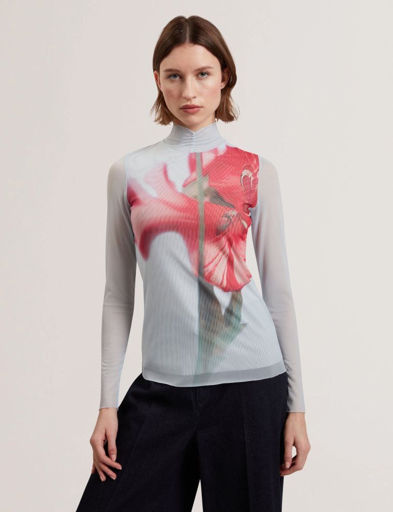 Ted Baker Pipya - Floral High Neck Long Sleeve Mesh Top Ženske Majice Plave | 205469-NQI