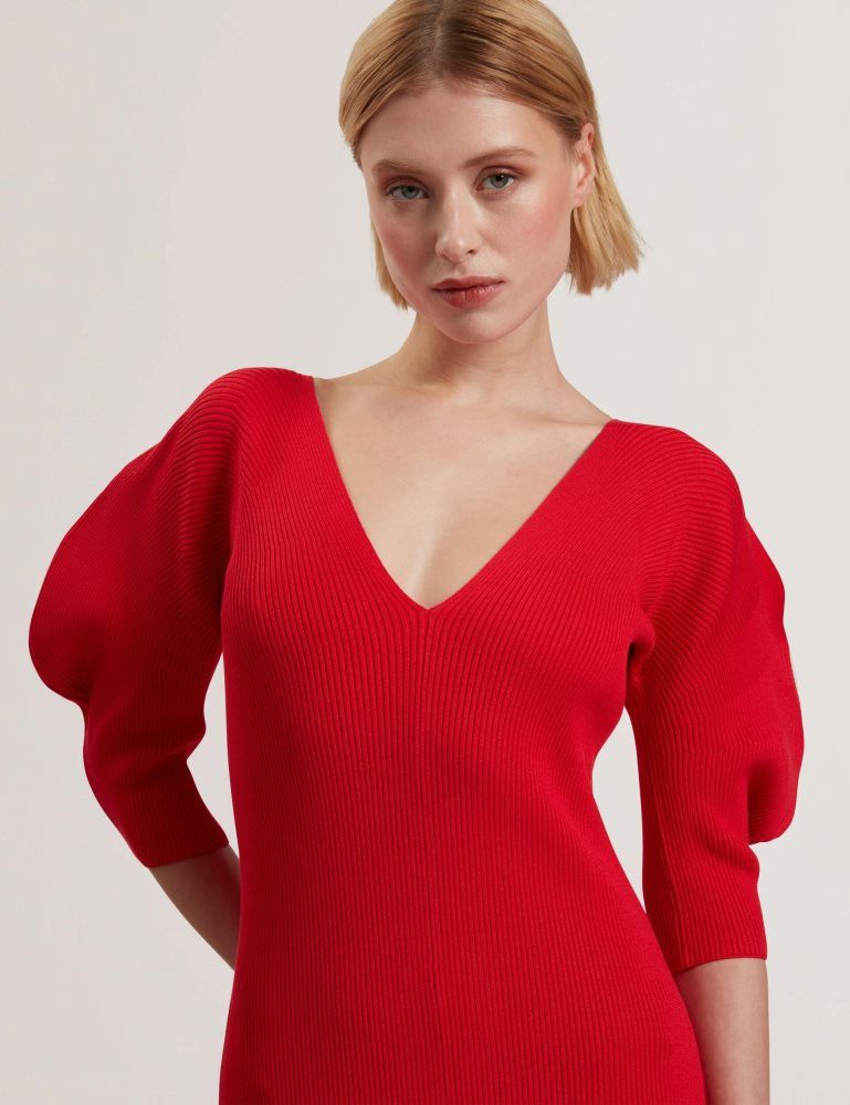 Ted Baker Pricila - Shaped Sleeve Knitted Bodycon Midi Dress Ženske Haljina Crvene | 134867-QVC