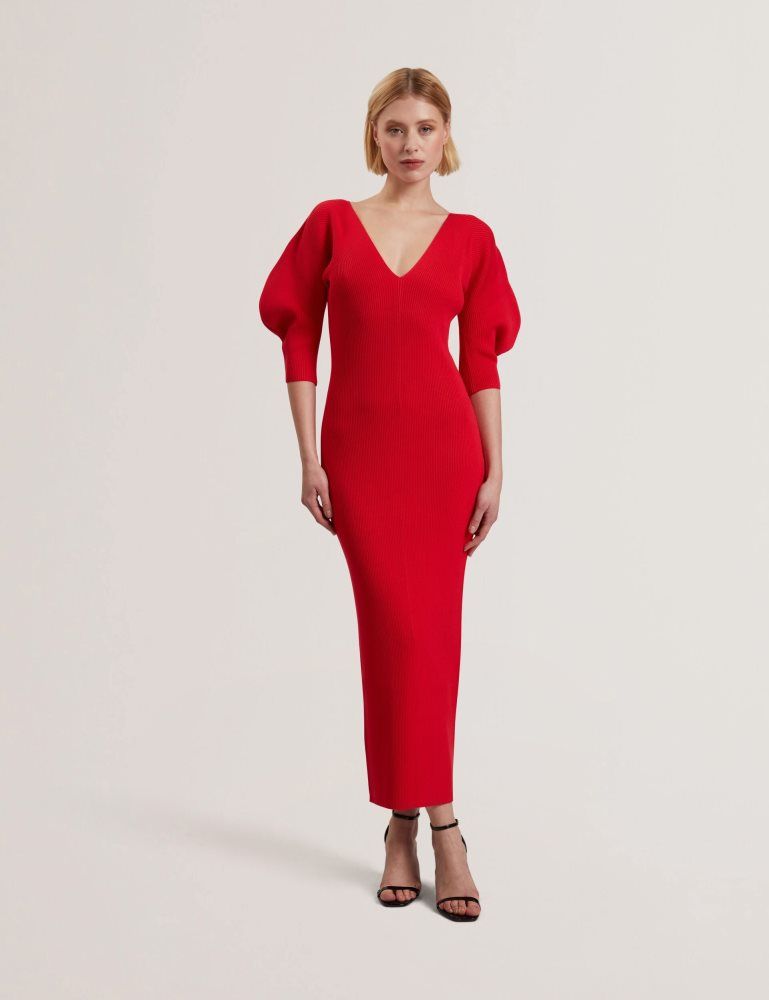 Ted Baker Pricila - Shaped Sleeve Knitted Bodycon Midi Dress Ženske Haljina Crvene | 134867-QVC