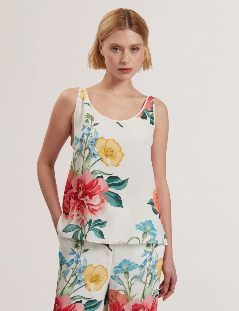 Ted Baker Purrla - Floral Print Scoop Neck Sleeveless Top Ženske Majice Bijele | 632570-CVU