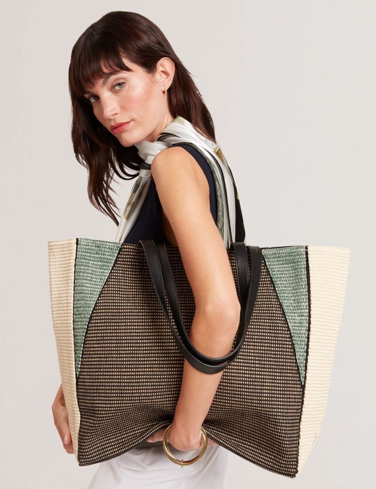 Ted Baker Rafiya - Woven Colour Block Folding Shopper Bag Ženske Torbe Ikone Crne | 502169-NEZ