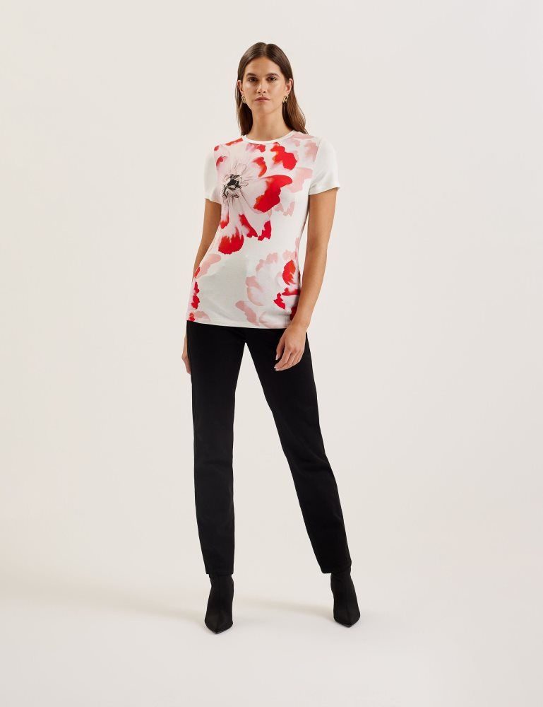 Ted Baker Sindhaa - Floral Print Fitted Short Sleeve T-shirt Ženske Majice Bijele | 395617-NHM