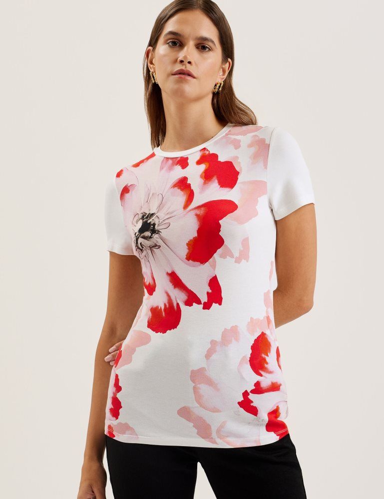 Ted Baker Sindhaa - Floral Print Fitted Short Sleeve T-shirt Ženske Majice Bijele | 395617-NHM