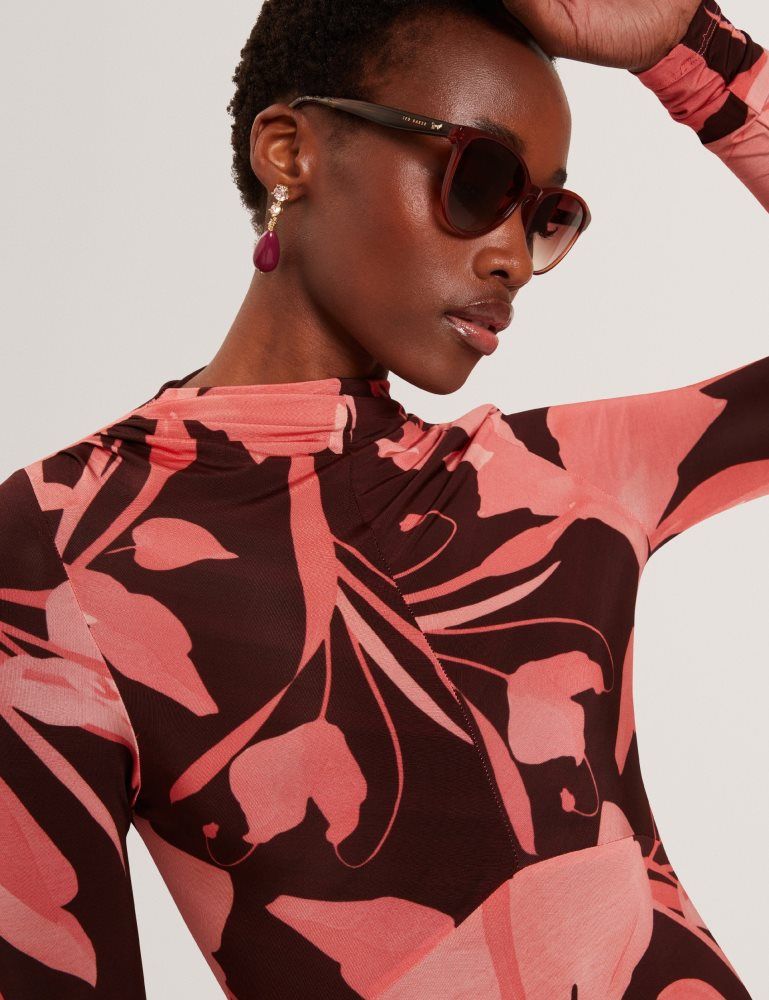 Ted Baker Starlah - Slinky Printed Jersey Long Sleeve Midi Dress Ženske Haljina Smeđe | 471253-HAM