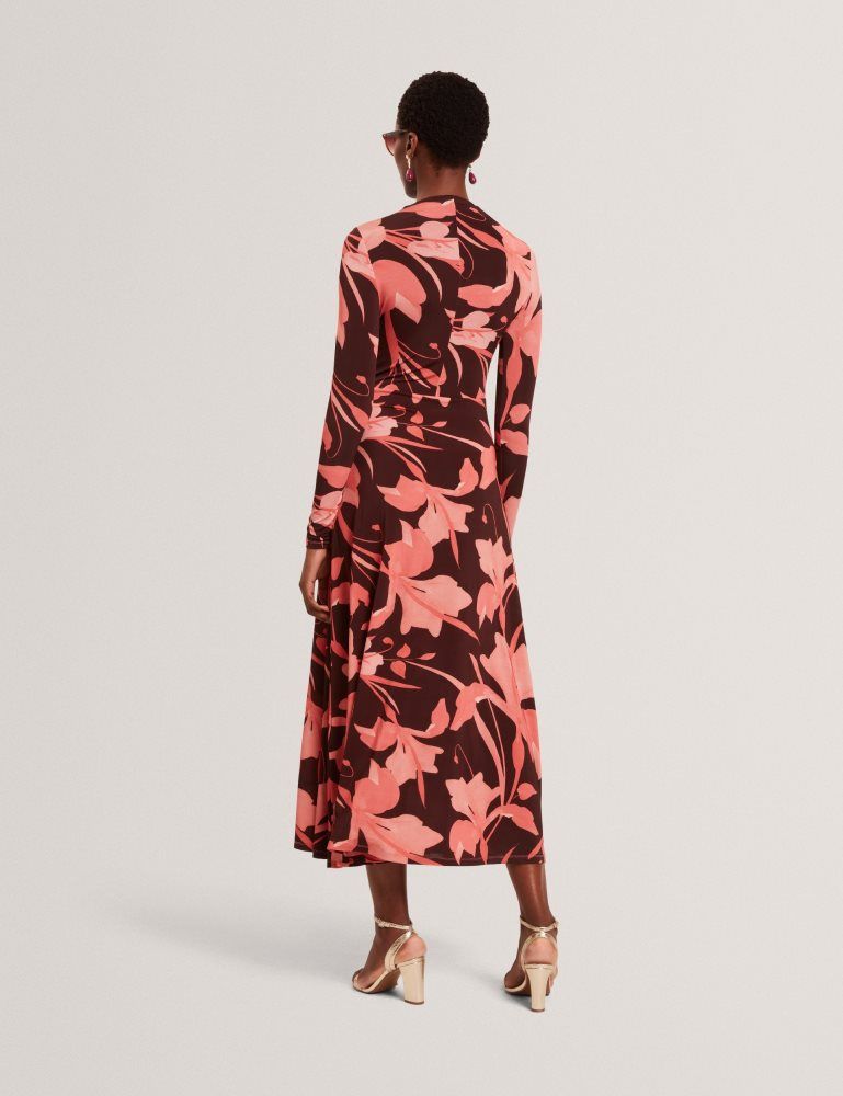 Ted Baker Starlah - Slinky Printed Jersey Long Sleeve Midi Dress Ženske Haljina Smeđe | 471253-HAM